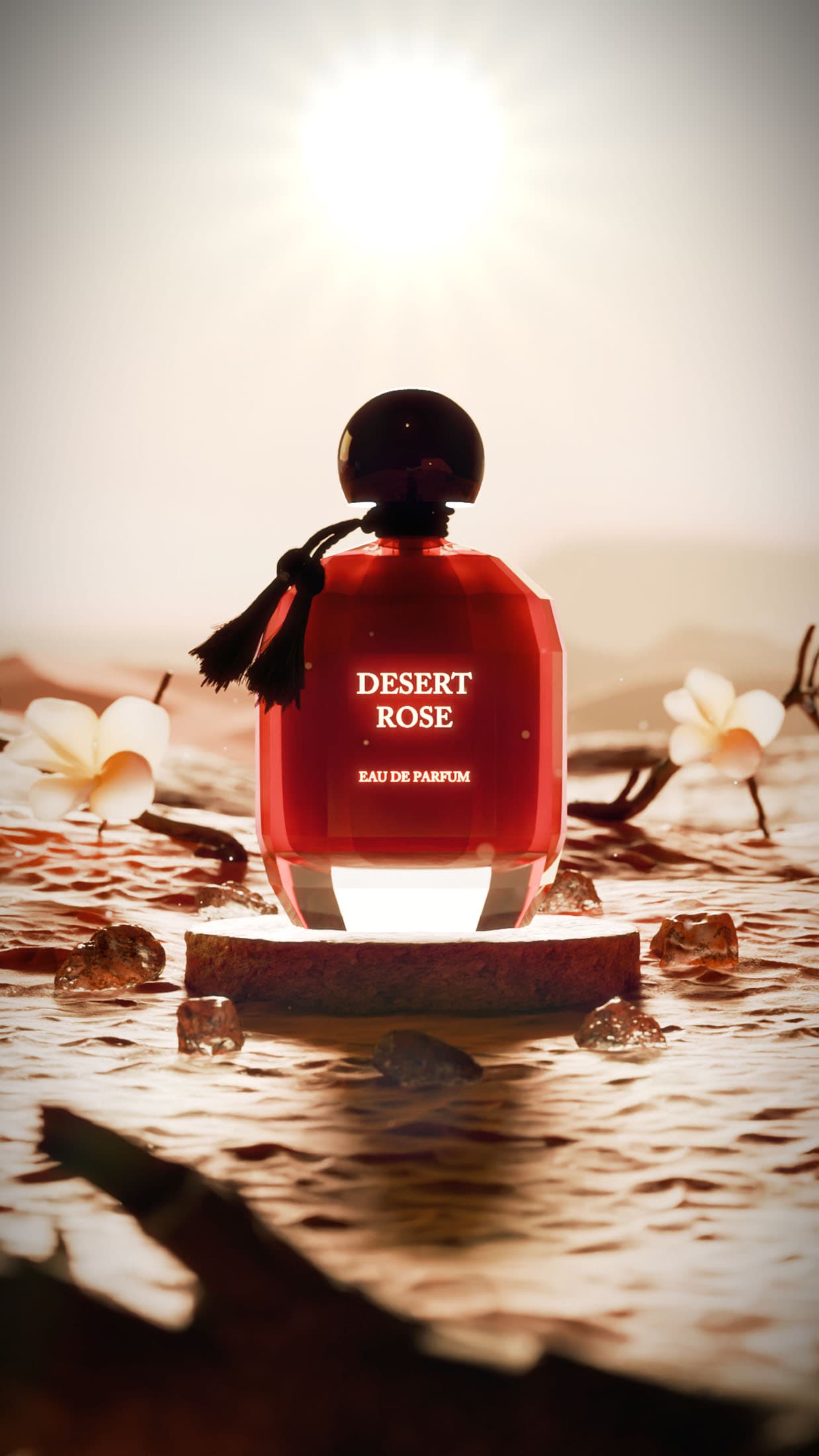 Luxury fragrance, Desert Rose Eau de Parfum, elegant perfume bottle on water, floral arrangement, sunlit background.