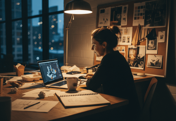 Creative, professional design studio workspace at night with a designer working on digital sketches.