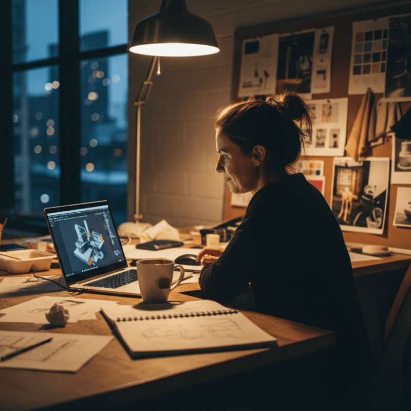 Creative, professional design studio workspace at night with a designer working on digital sketches.