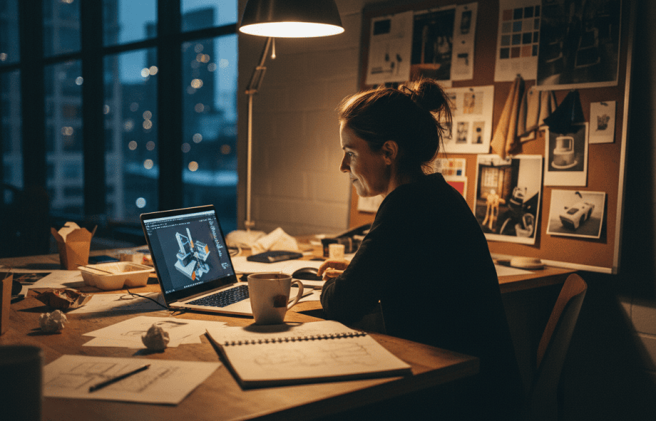 Creative, professional design studio workspace at night with a designer working on digital sketches.