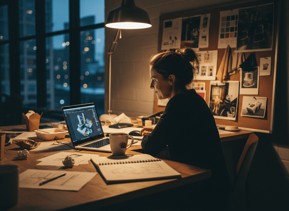 Creative, professional design studio workspace at night with a designer working on digital sketches.