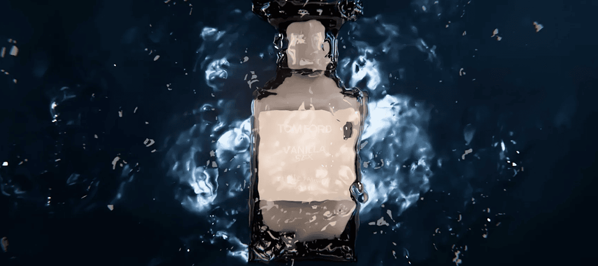 Product photo of Tom Ford Vanilla Sex shower gel being dropped into water with splash effects.