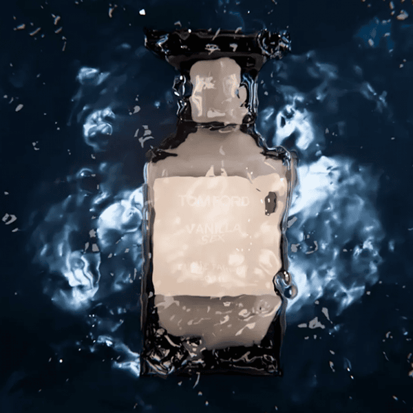 Product photo of Tom Ford Vanilla Sex shower gel being dropped into water with splash effects.