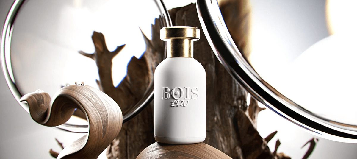 Elegant Bois 1920 fragrance bottle with gold cap, stylish decor.