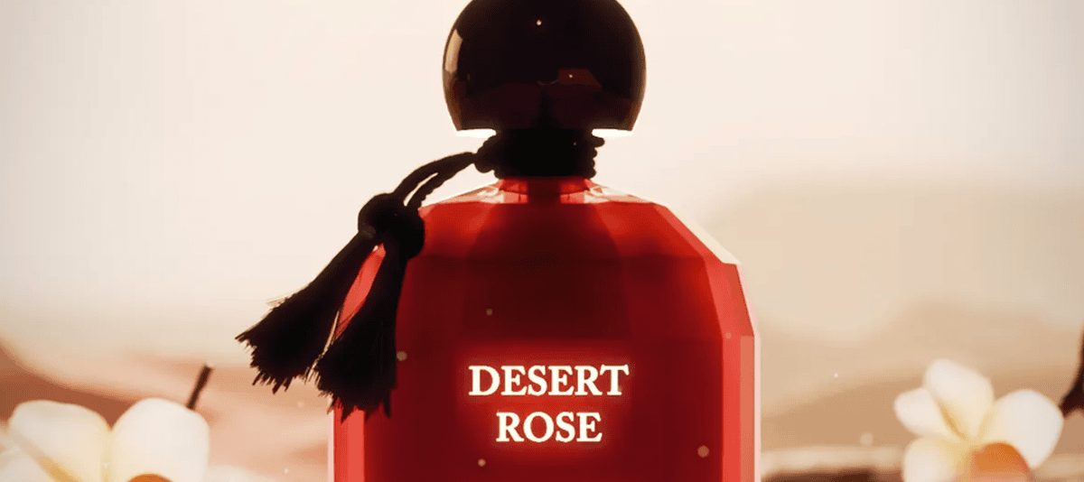 Luxury fragrance bottle for Desert Rose Eau de Parfum with sophisticated design and floral notes.