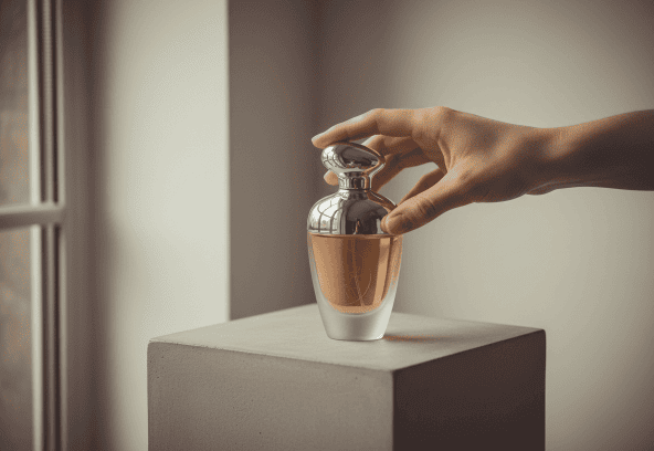Alt: Close-up of a hand holding a stylish glass perfume bottle with amber liquid, on a concrete pedestal near a window.
