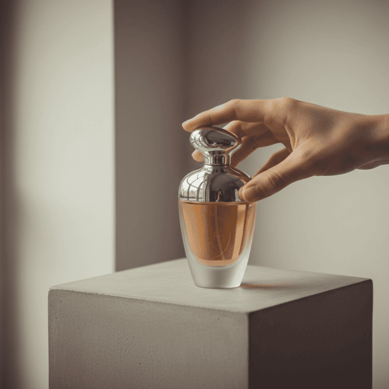 Alt: Close-up of a hand holding a stylish glass perfume bottle with amber liquid, on a concrete pedestal near a window.