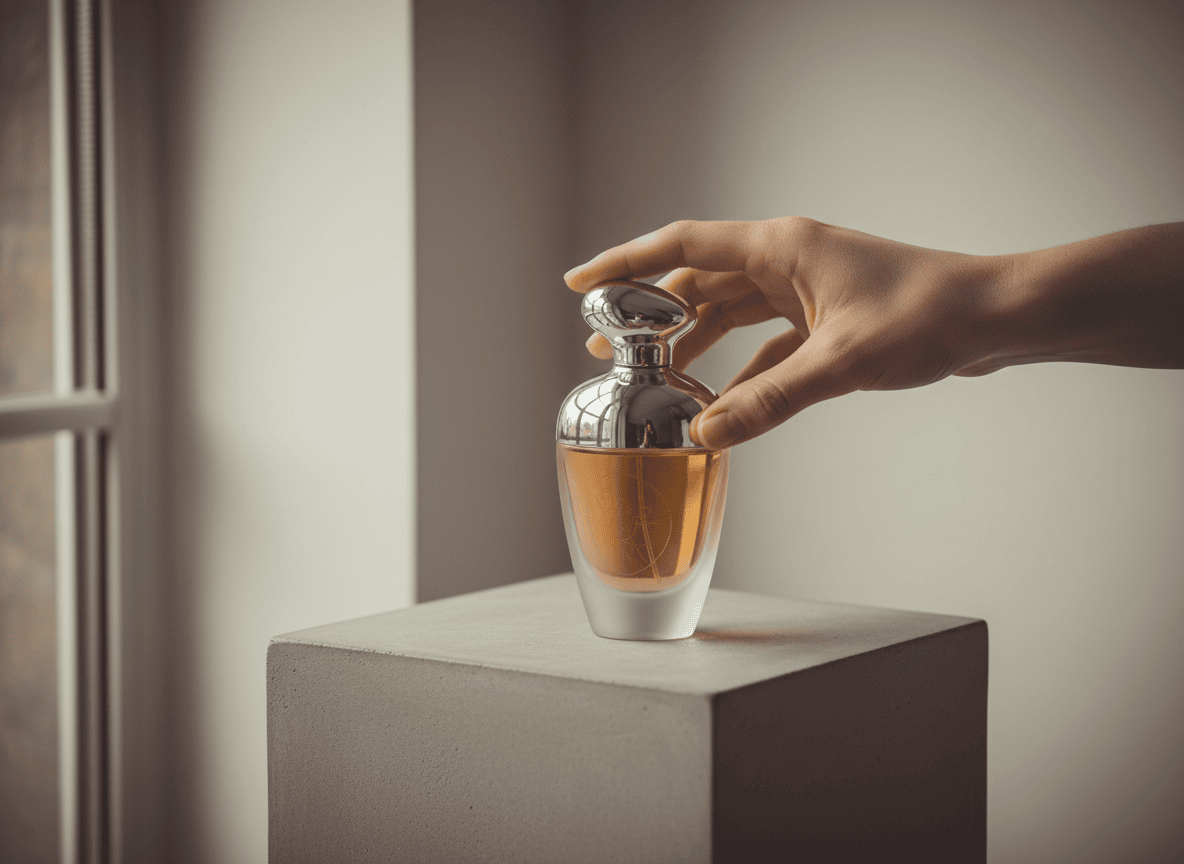 Alt: Close-up of a hand holding a stylish glass perfume bottle with amber liquid, on a concrete pedestal near a window.